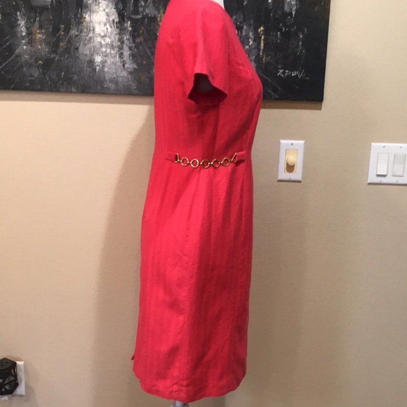 Talbots Pink Jacquard Sheath Cotton/Silk Dress with Gold Metal Accents Waist-4 - Picture 3 of 11